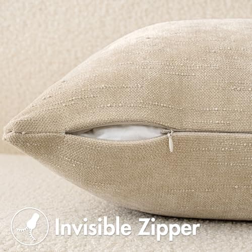 2 Pack Soft Chenille Throw Pillow Covers for Living Room 18x18 Inch, Beige