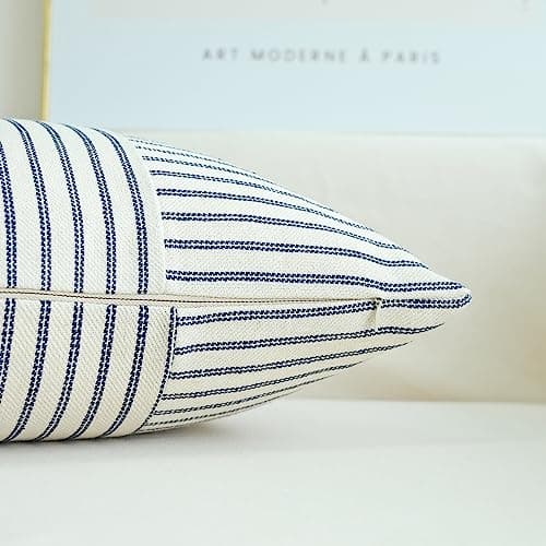 Navy Blue and Beige Patchwork Farmhouse Pillow Covers 16x16 Inch, Pack of 2
