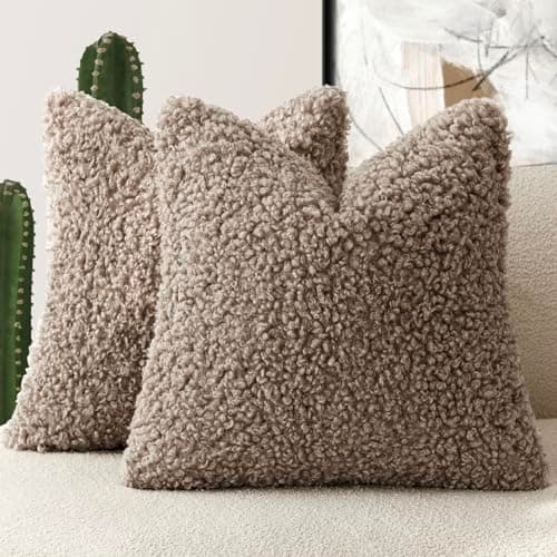 Set of 2 Curly Teddy Wool Pillow Covers for Sofa Bedroom Car - 12x20 Khaki