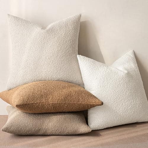 MIULEE Textured Boucle Pillow Covers Beige Cream White 18x18 Inch Bundle Set of 2