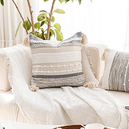 Gray Boho 20x20 Throw Pillow Cover - Woven Decorative Accent for Couch and Bed (Single Pack)