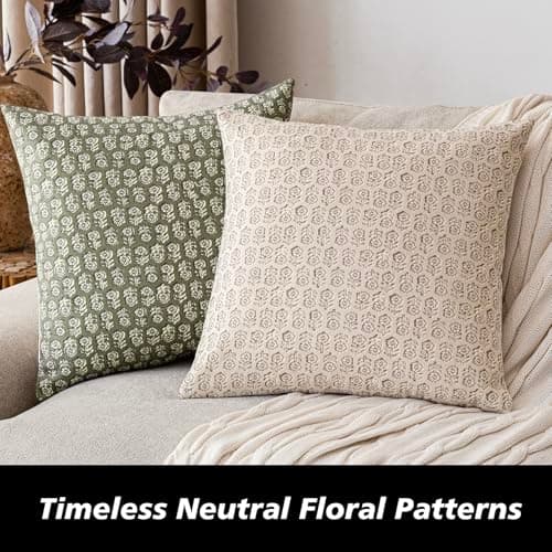 Neutral Floral Print Throw Pillow Covers Set of 2 for Farmhouse Decor (18×18 Inch, Ivory Beige)