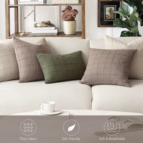 Farmhouse Decorative Linen Check Throw Pillow Covers Set of 2 for Living Room, 22x22 Inch