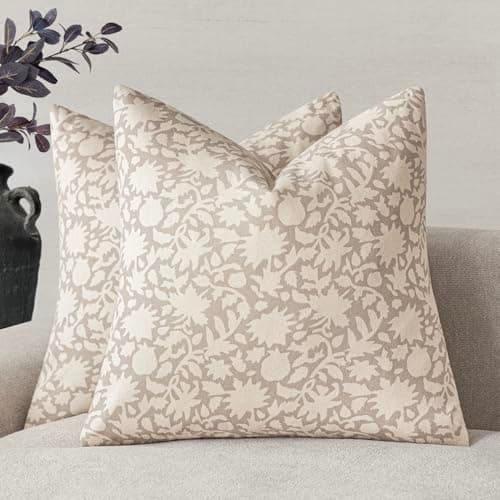 Neutral Floral Throw Pillow Covers Set of 2 for Farmhouse Decor - 20x20 Inch, Ivory Beige