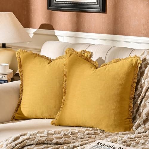 AmHoo 2-Pack Linen Pillow Covers with Tassels for Couch & Bedroom