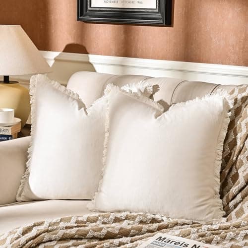 AmHoo 2-Pack Linen Pillow Covers with Tassels for Couch & Bedroom