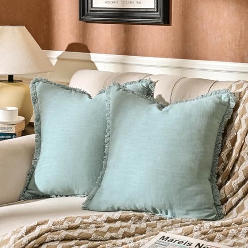 AmHoo 2-Pack Linen Pillow Covers with Tassels for Couch & Bedroom