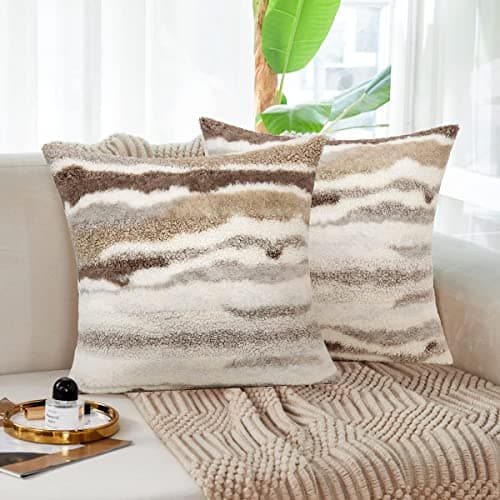 Fluffy Tan Throw Pillow Covers Set of 2 - 18 X 18 Boucle Sherpa Pillow Covers