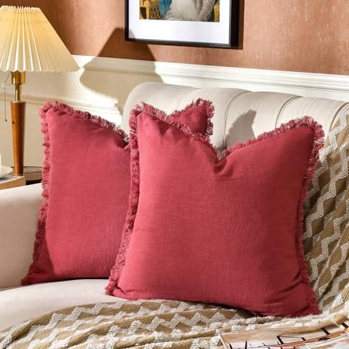 AmHoo 2-Pack Linen Pillow Covers with Tassels for Couch & Bedroom