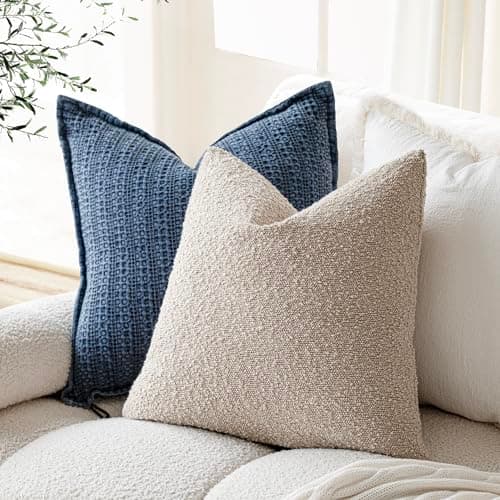 Set of 2 Boucle Throw Pillow Covers, 20 x 20 Inch - Cozy Home Decor for Chair, Sofa, Bedroom, Living Room (Tan Beige)