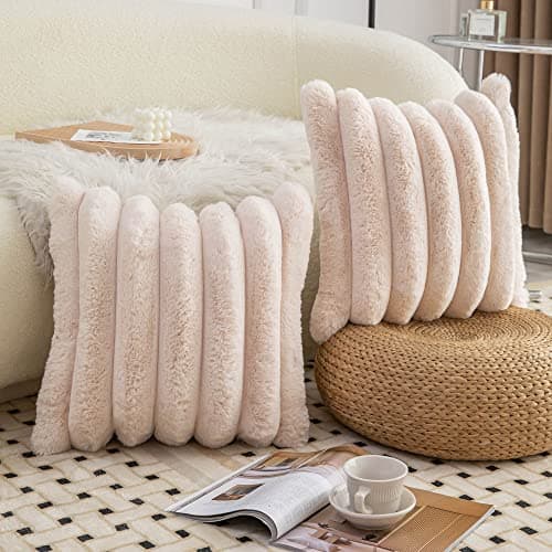Soft Beige Faux Fur Striped Throw Pillow Covers - Set of 2 (18x18 inch)