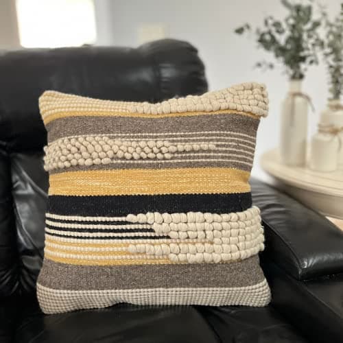 Trendy Boho-Chic 18x18 Handwoven Cotton/Wool Throw Pillow Cover, Neutral Farmhouse Decor