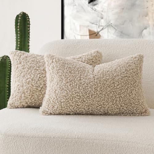Set of 2 Curly Teddy Wool Lumbar Throw Pillow Covers for Sofa - Light Khaki, 12x20