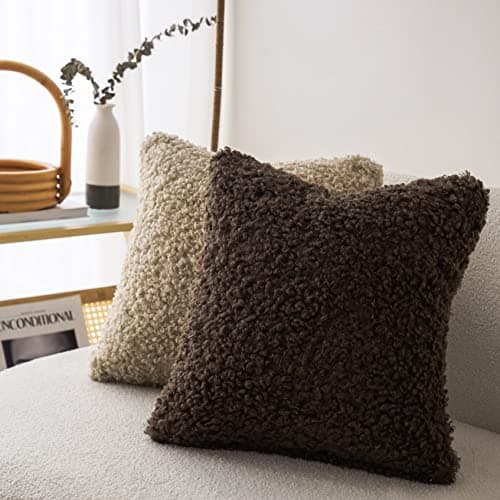 Faux Fur Throw Pillow Cover Set - Cozy Sherpa Accent Pillowcases for Bed, Couch - 18x18 Inch, Chocolate