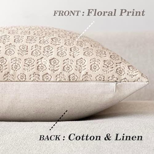 Neutral Floral Print Throw Pillow Covers Set of 2 for Farmhouse Decor (18×18 Inch, Ivory Beige)