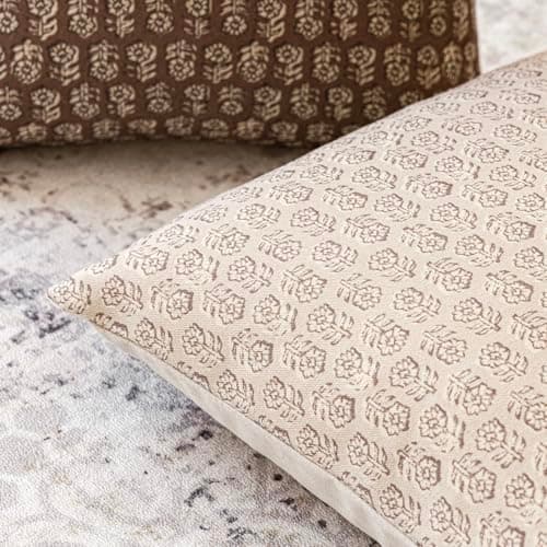 Neutral Floral Print Throw Pillow Covers Set of 2 for Farmhouse Decor (18×18 Inch, Ivory Beige)