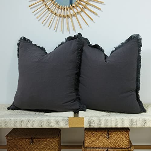 Green Linen Pillow Cover with Tassel Trim - Set of 2