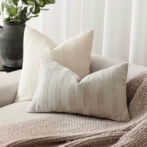 Foindtower Set of 2 Striped Chenille Throw Pillow Covers - Soft 24x24 Inch Luxury Accents for Bedroom, Couch, and Living Room Home Decor in Natural Ivory