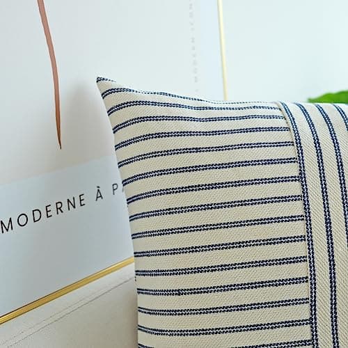 Navy Blue and Beige Patchwork Farmhouse Pillow Covers 16x16 Inch, Pack of 2