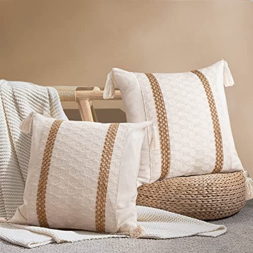 Farmhouse Throw Pillow Cover with Tassels - Boho Neutral Accent for Couch Sofa