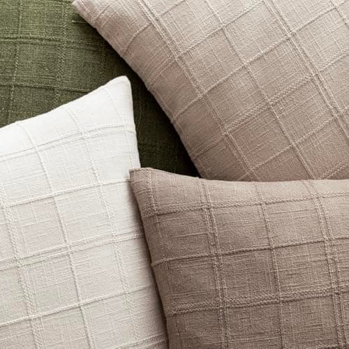 Farmhouse Decorative Linen Check Throw Pillow Covers Set of 2 for Living Room, 22x22 Inch