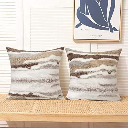 Fluffy Tan Throw Pillow Covers Set of 2 - 18 X 18 Boucle Sherpa Pillow Covers
