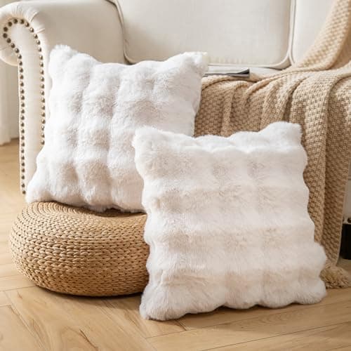 2 Pack Fluffy Faux Fur Throw Pillow Covers for Sofa Couch White