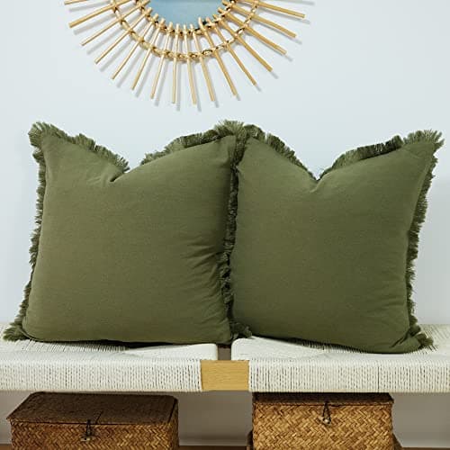 Green Linen Pillow Cover with Tassel Trim - Set of 2