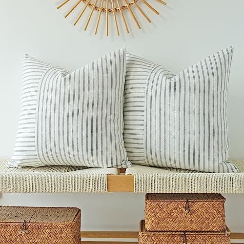 Navy Blue and Beige Patchwork Farmhouse Pillow Covers 16x16 Inch, Pack of 2