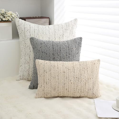 Neutral Textured Boucle Pillow Cover 18x18 with Stripes, Soft Modern Farmhouse Decor Accent