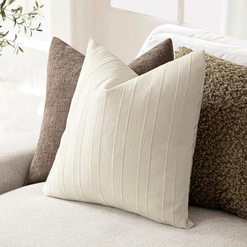 Foindtower Striped Chenille Throw Pillow Covers, Cream White, 20x20 Inch