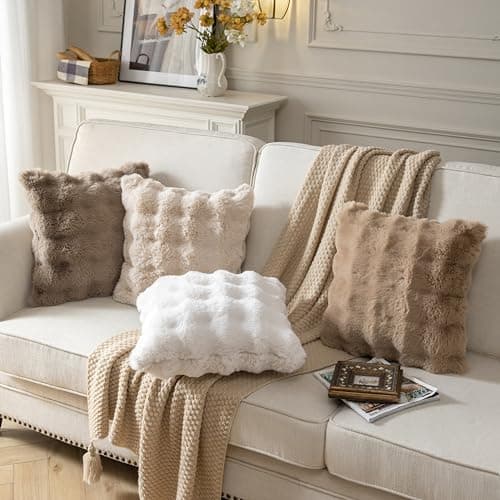2 Pack Fluffy Faux Fur Throw Pillow Covers for Sofa Couch White