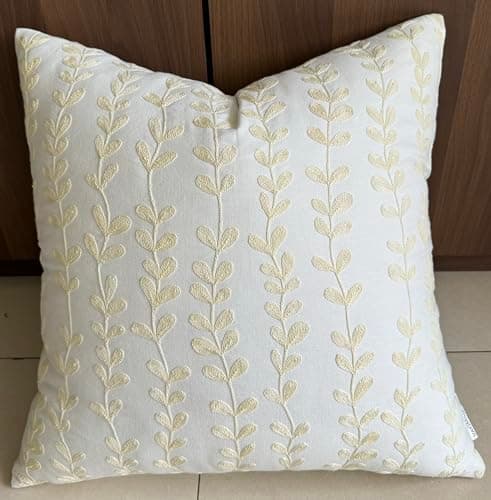 VAGMINE Hand Embroidered Daisy Accent Pillow Cover - 18x18 Inches - 100% Linen Decor - Boho Floral Couch Cushion
