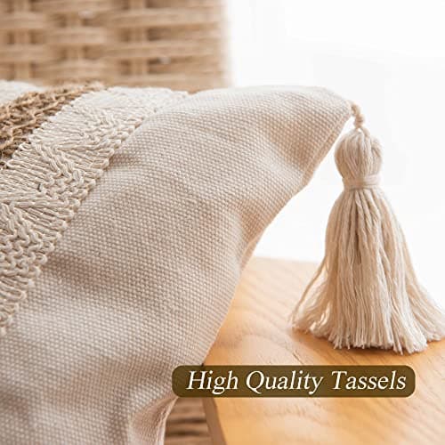 Farmhouse Throw Pillow Cover with Tassels - Boho Neutral Accent for Couch Sofa