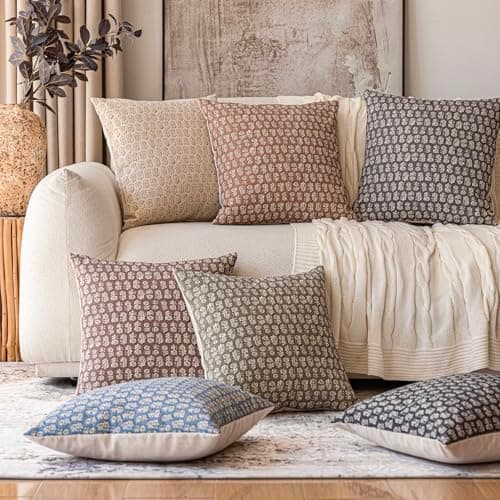 Vintage Floral Print Throw Pillow Covers for Farmhouse Decor - Set of 2, 22x22 Inch