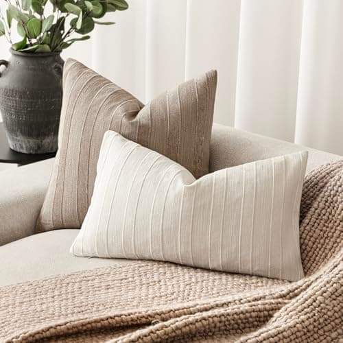 Foindtower Set of 2 Striped Chenille Throw Pillow Covers - 20x20 Inch Luxury Cushion Covers for Home Decor in Khaki Tan