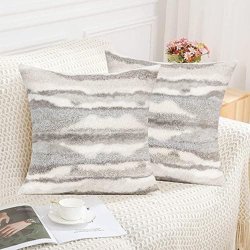 Fluffy Tan Throw Pillow Covers Set of 2 - 18 X 18 Boucle Sherpa Pillow Covers