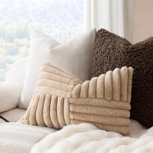 Foindtower Pack of 2 Light Khaki Faux Fur Cushion Covers 12x20 Inch