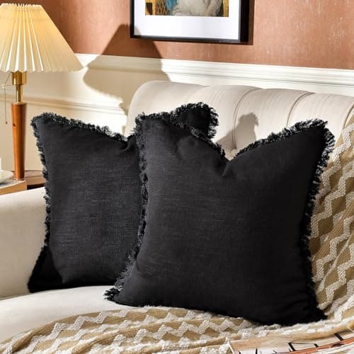 AmHoo 2-Pack Linen Pillow Covers with Tassels for Couch & Bedroom
