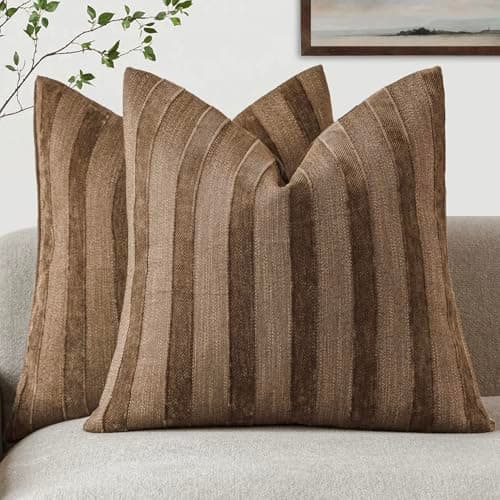 Foindtower Striped Chenille Throw Pillow Covers, Cream White, 20x20 Inch