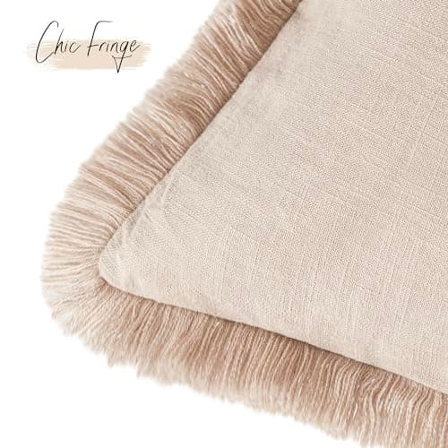 Foindtower Set of 2 Boho Decorative Linen Pillow Covers with Tassels - 18x18 Inch Tan Beige for Couch, Chair, and Sofa Decor