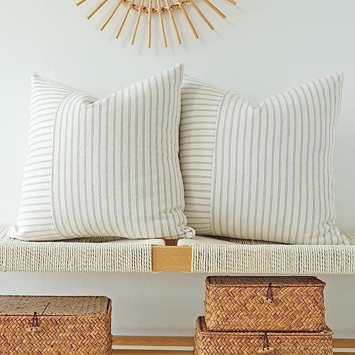 Navy Blue and Beige Patchwork Farmhouse Pillow Covers 16x16 Inch, Pack of 2