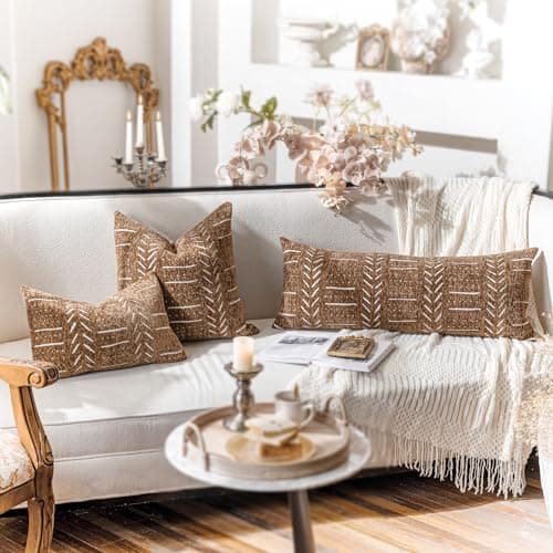 Boho Farmhouse Brown Lumbar Throw Pillow Covers, Set of 2