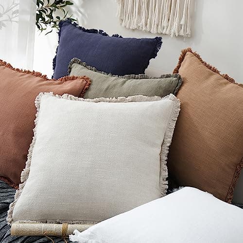 Decorative Linen Fringe Throw Pillow Covers with Tassels - Set of 2