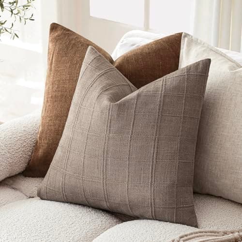 Farmhouse Decorative Linen Check Throw Pillow Covers Set of 2 for Living Room, 22x22 Inch