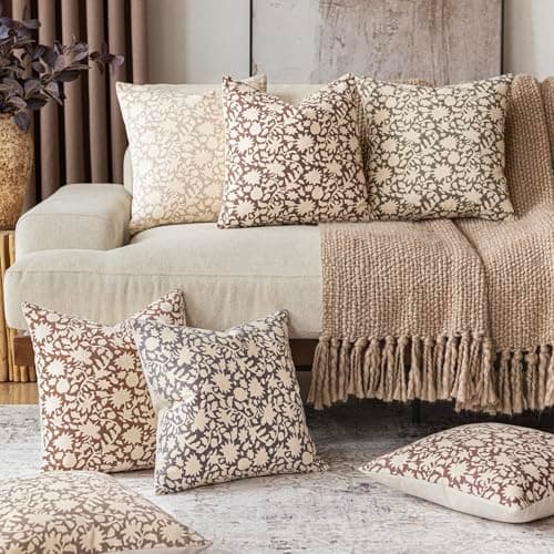 Neutral Floral Farmhouse Throw Pillow Covers - Set of 2 for Couch Sofa Bedroom Outdoor - 18x18 Inch