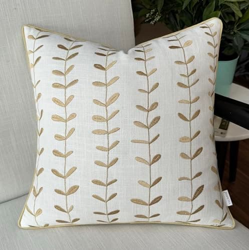 VAGMINE Hand Embroidered Daisy Accent Pillow Cover - 18x18 Inches - 100% Linen Decor - Boho Floral Couch Cushion