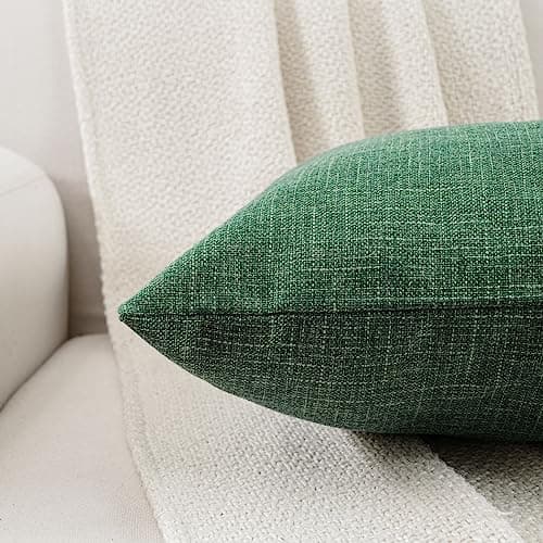 Set of 2 Emerald Green Linen Throw Pillow Covers 20x20 Inch with Vintage Buttons/Hidden Zipper for Couch or Bed.