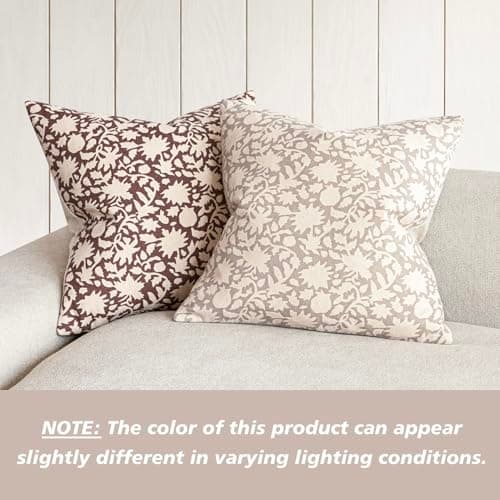 Neutral Floral Throw Pillow Covers Set of 2 for Farmhouse Decor - 20x20 Inch, Ivory Beige