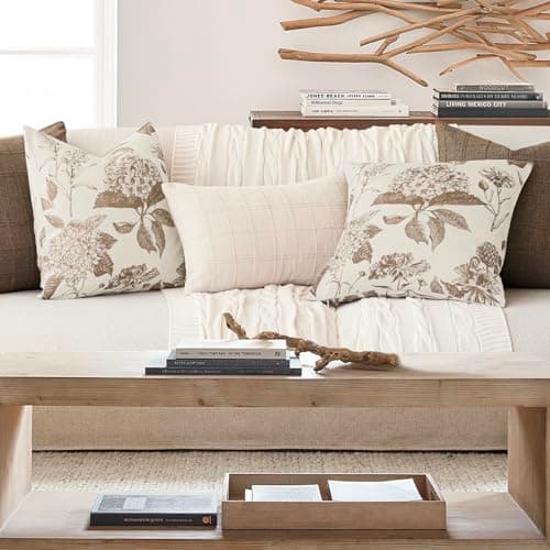 Vintage Floral Linen Throw Pillow Covers Set of 2 for Farmhouse Home Decor, 22x22 Inch
